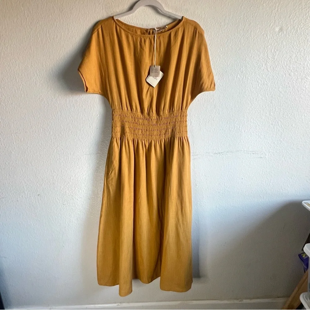 Faherty Coast to Coast Midi Dress Smocked Waist Cotton Honey Mustard Size M NWT - Picture 7 of 14